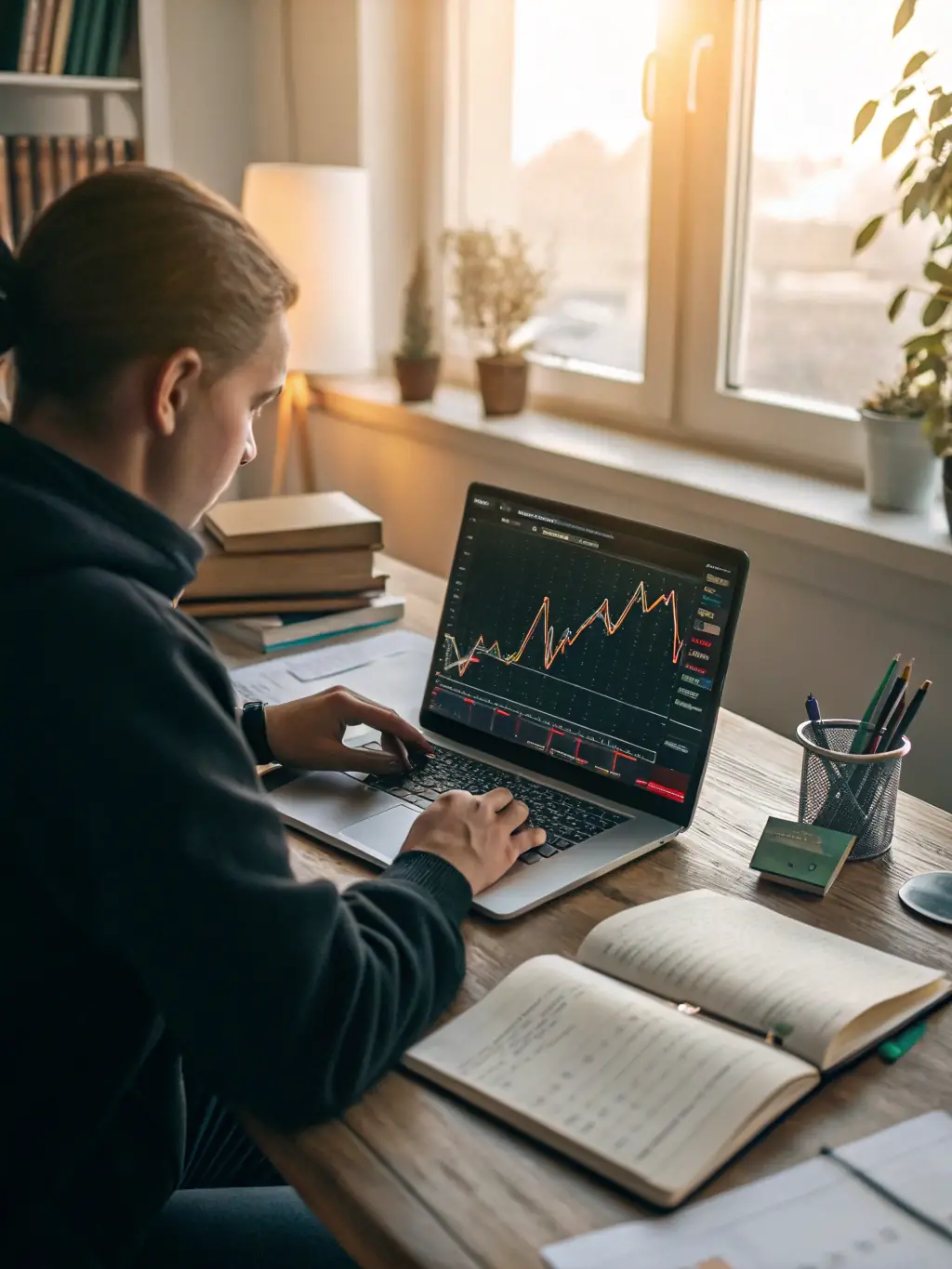 A focused investor analyzing financial data on a tablet during an online coaching session, highlighting the use of technology in investment strategy.